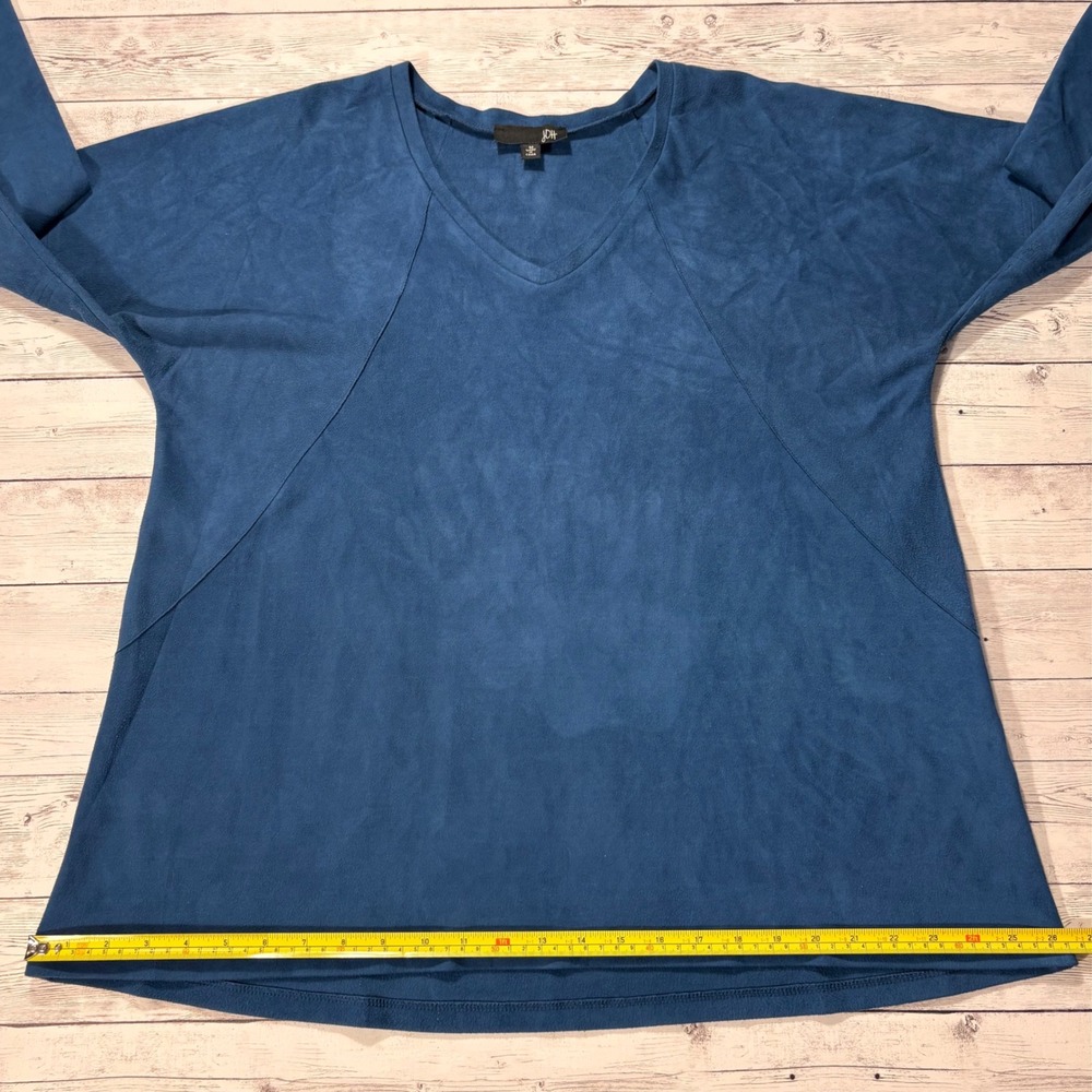 JOH Womens Blue Faux Suede V-Neck Tunic Top Long Sleeve Seam Detail M - Picture 10 of 16